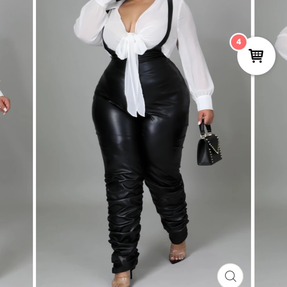 Black faux leather bandage jumpsuit with ruched bottoms. Size 5x